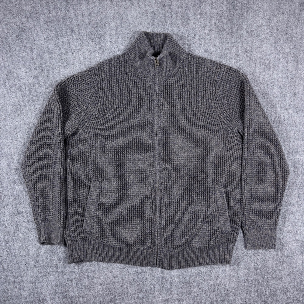 LL Bean Full Zip Cardigan Sweater Mens Large Gray Organic Cotton Waffle Knit